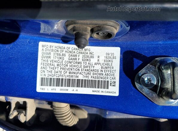 2HGFC2F67LH596184 2020 HONDA CIVIC Blue Engine compartment view