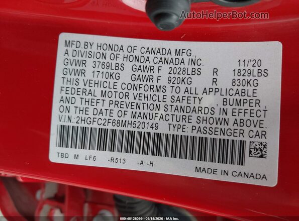 2HGFC2F68MH520149 2021 HONDA CIVIC Красный Вид подкапотного пространства