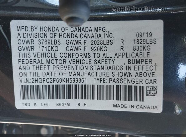 2HGFC2F69KH599361 2019 HONDA CIVIC Blue Vista del compartimento del motor