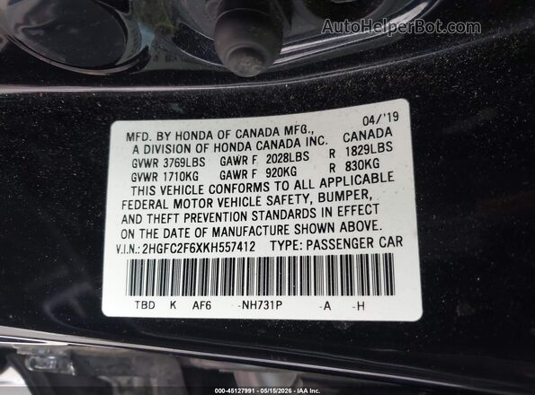 2HGFC2F6XKH557412 2019 HONDA CIVIC Black Widok komory silnika
