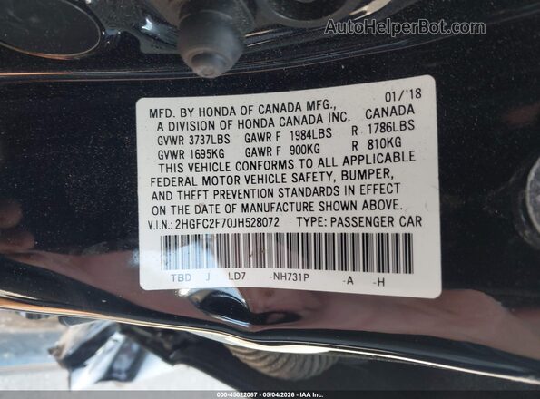2HGFC2F70JH528072 2018 HONDA CIVIC Черный Вид подкапотного пространства