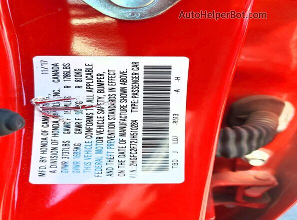 2HGFC2F72JH510284 2018 HONDA CIVIC Red VIN sticker view