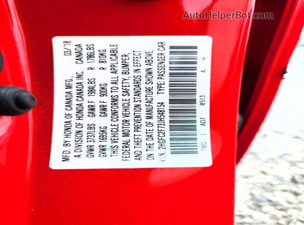 2HGFC2F73JH548154 2018 HONDA CIVIC Red ძრავის განყოფილების ხედი