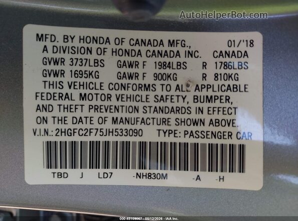 2HGFC2F75JH533090 2018 HONDA CIVIC Silver Engine compartment view