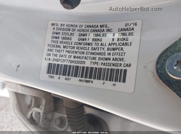 2HGFC2F77GH532029 2016 HONDA CIVIC White Vista del compartimento del motor