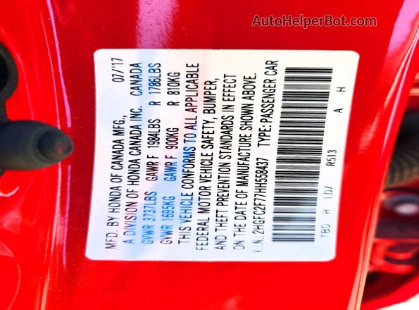 2HGFC2F77HH558437 2017 HONDA CIVIC Red Vista del compartimento del motor