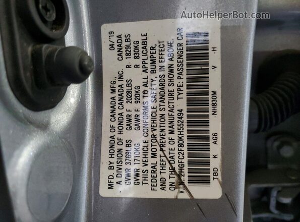 2HGFC2F80KH552494 2019 HONDA CIVIC Серебряный Вид подкапотного пространства