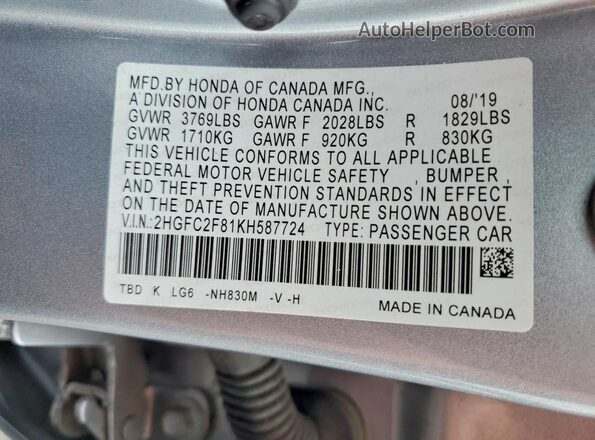 2HGFC2F81KH587724 2019 HONDA CIVIC Silver Вид підкапотного простору