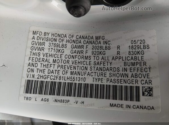 2HGFC2F81LH551310 2020 HONDA CIVIC Белый Вид подкапотного пространства