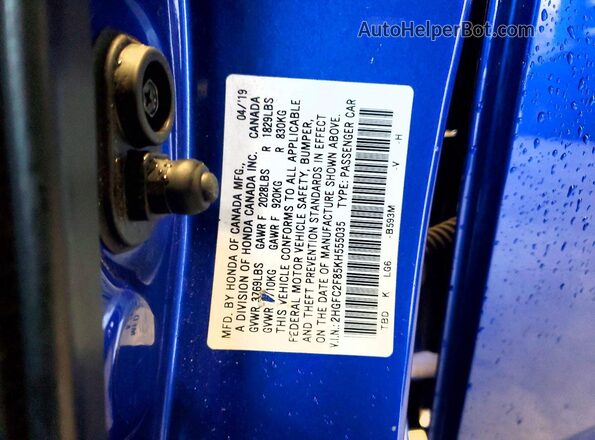 2HGFC2F85KH555035 2019 HONDA CIVIC Blue ძრავის განყოფილების ხედი