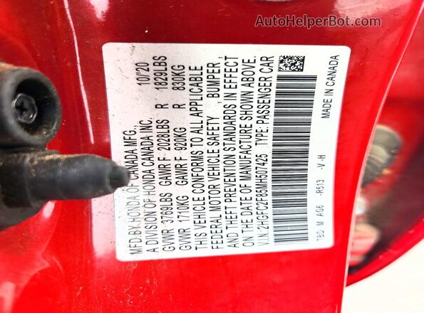 2HGFC2F85MH507425 2021 HONDA CIVIC Red ძრავის განყოფილების ხედი