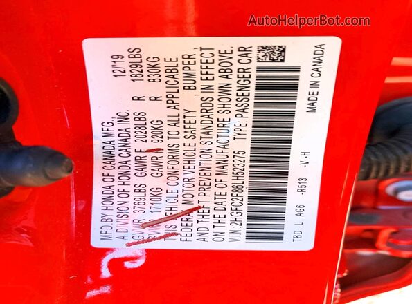 2HGFC2F86LH523275 2020 HONDA CIVIC Red Շարժիչի բաժամունքի տեսք