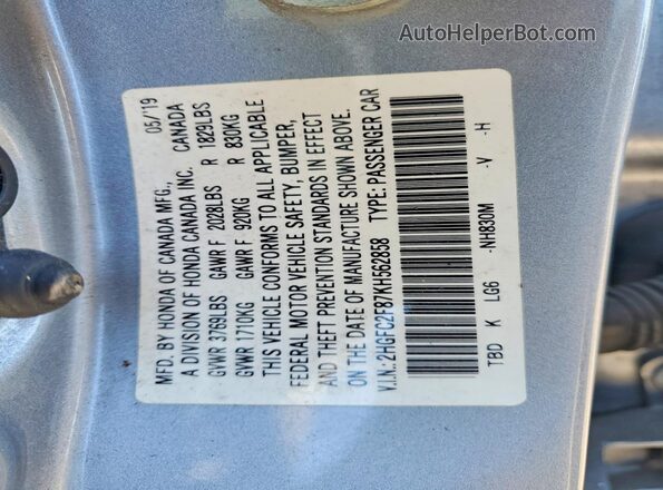 2HGFC2F87KH562858 2019 HONDA CIVIC Silver Вид наклейки з VIN-кодом