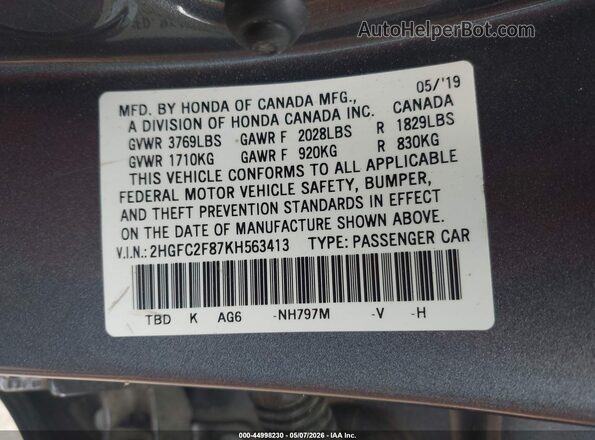 2HGFC2F87KH563413 2019 HONDA CIVIC Gray Widok komory silnika