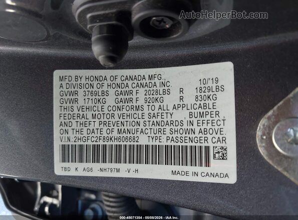 2HGFC2F89KH606682 2019 HONDA CIVIC Серый Вид подкапотного пространства