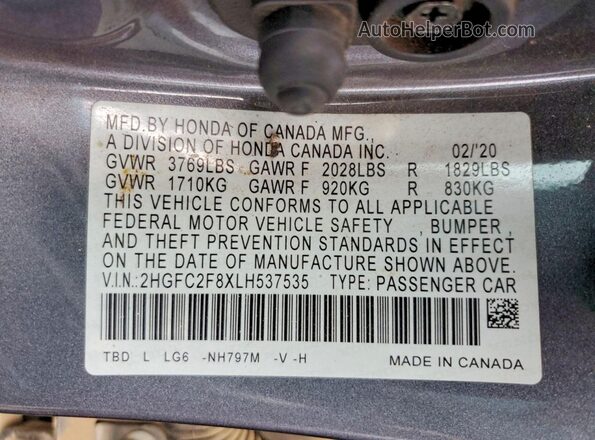 2HGFC2F8XLH537535 2020 HONDA CIVIC Gray Вид наклейки з VIN-кодом
