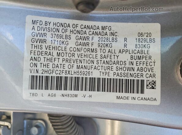 2HGFC2F8XLH559261 2020 HONDA CIVIC Silver Вид підкапотного простору