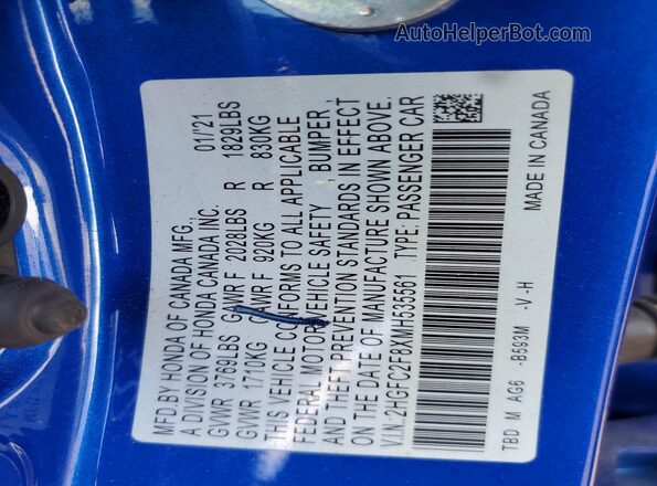 2HGFC2F8XMH535561 2021 HONDA CIVIC Blue Вид підкапотного простору