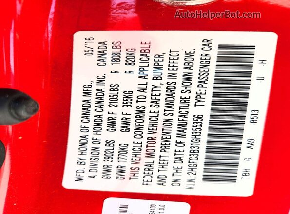 2HGFC3B31GH355356 2016 HONDA CIVIC Red Widok komory silnika