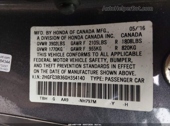 2HGFC3B36GH354140 2016 HONDA CIVIC Серый Вид подкапотного пространства