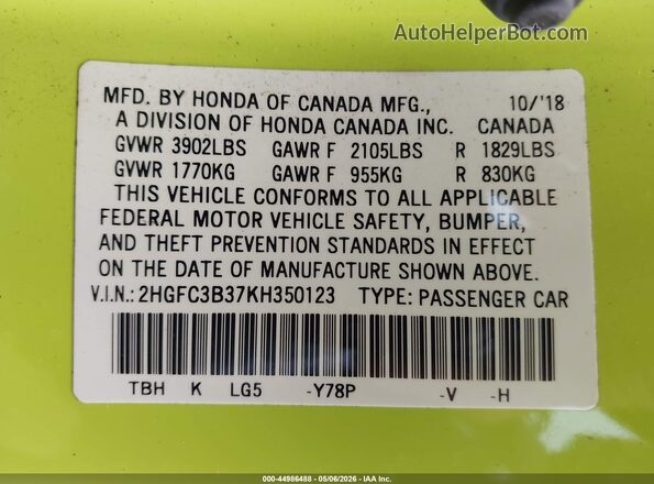 2HGFC3B37KH350123 2019 HONDA CIVIC Желтый Вид подкапотного пространства