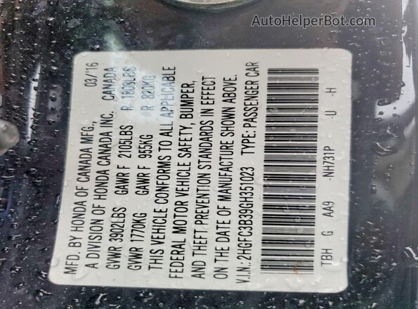 2HGFC3B39GH351023 2016 HONDA CIVIC Black Vista de la etiqueta del VIN