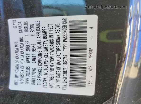 2HGFC3B73JH356745 2018 HONDA CIVIC Black VIN sticker view