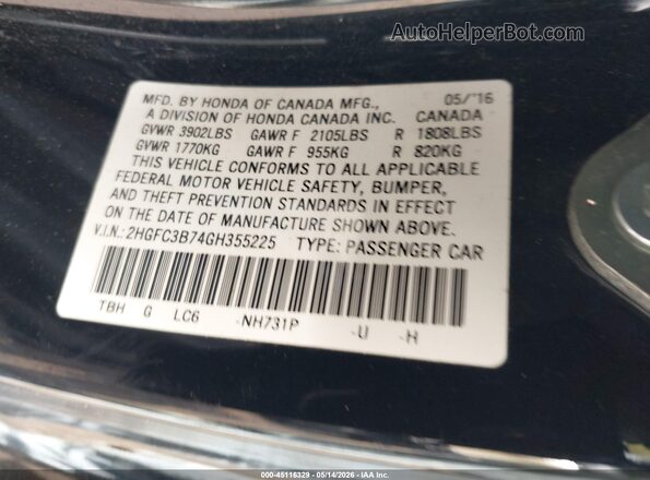 2HGFC3B74GH355225 2016 HONDA CIVIC Черный Вид подкапотного пространства