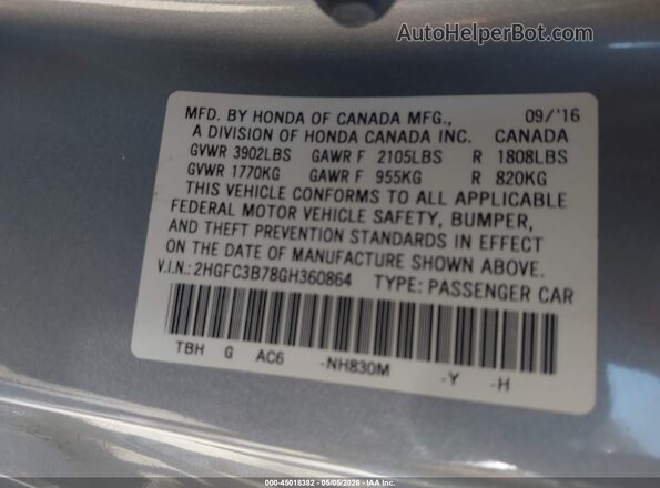 2HGFC3B78GH360864 2016 HONDA CIVIC Серебряный Вид подкапотного пространства