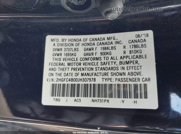 2HGFC4B00JH307978 2018 HONDA CIVIC Black Widok komory silnika