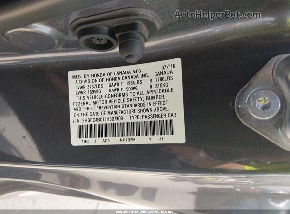 2HGFC4B01JH307309 2018 HONDA CIVIC Серый Вид подкапотного пространства