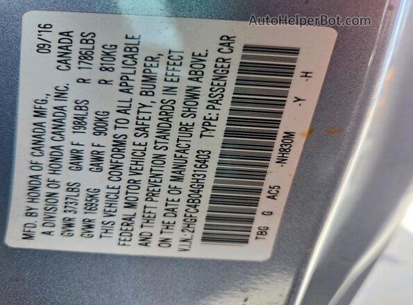 2HGFC4B04GH316403 2016 HONDA CIVIC Silver Вид наклейки з VIN-кодом