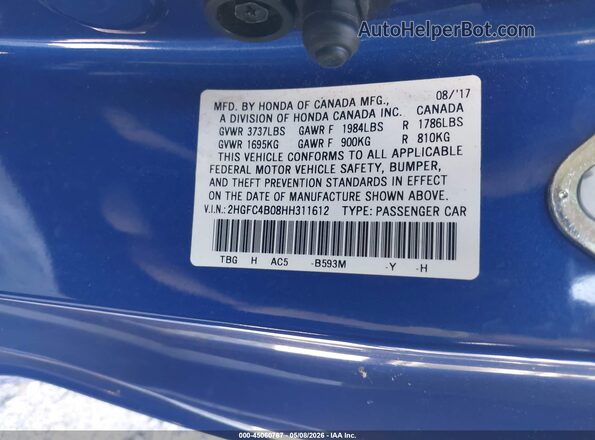 2HGFC4B08HH311612 2017 HONDA CIVIC Blue Vista del compartimento del motor