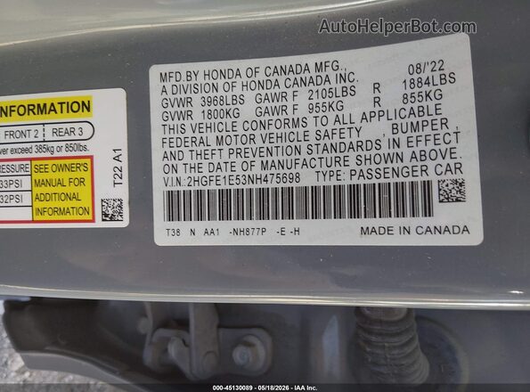 2HGFE1E53NH475698 2022 HONDA CIVIC SI Gray Widok komory silnika
