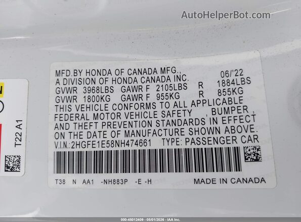 2HGFE1E58NH474661 2022 HONDA CIVIC SI Белый Вид подкапотного пространства