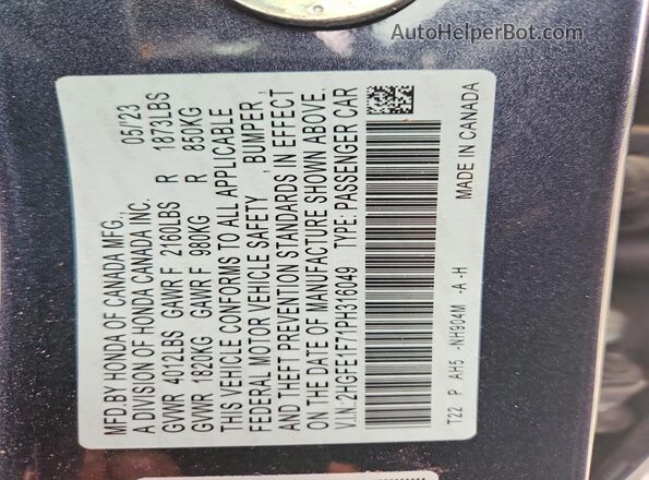 2HGFE1F71PH316049 2023 HONDA CIVIC Charcoal Vista de la etiqueta del VIN