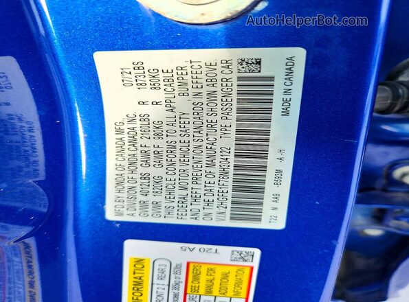 2HGFE1F76NH304122 2022 HONDA CIVIC Blue ძრავის განყოფილების ხედი