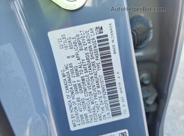 2HGFE1F92NH315717 2022 HONDA CIVIC Серебряный Вид подкапотного пространства