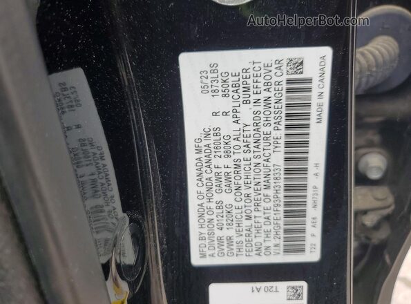 2HGFE1F93PH318337 2023 HONDA CIVIC Черный Вид наклейки с VIN-кодом