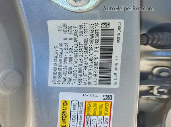 2HGFE1F96RH317427 2024 HONDA CIVIC Silver ძრავის განყოფილების ხედი