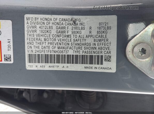 2HGFE1F97NH306737 2022 HONDA CIVIC Blue Вид підкапотного простору