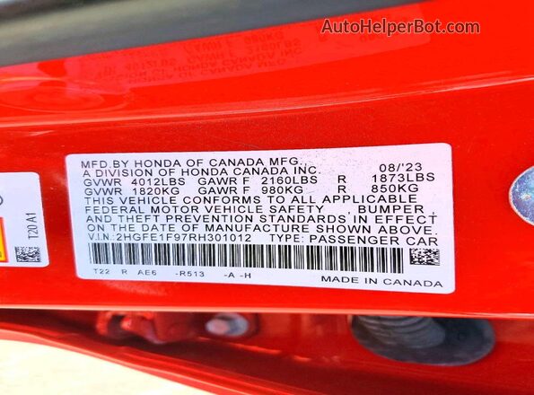 2HGFE1F97RH301012 2024 HONDA CIVIC Red Вид підкапотного простору