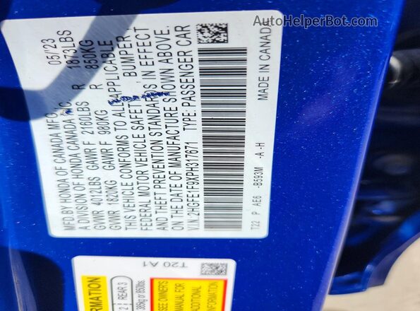 2HGFE1F9XPH317671 2023 HONDA CIVIC Blue Widok naklejki z numerem VIN