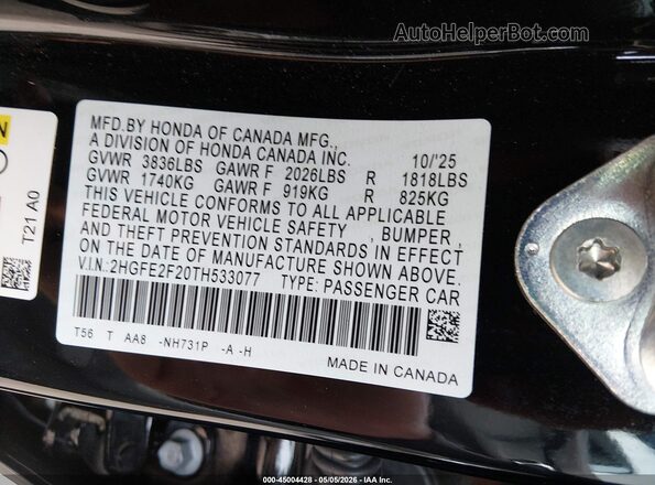 2HGFE2F20TH533077 2026 HONDA CIVIC Black Շարժիչի բաժամունքի տեսք