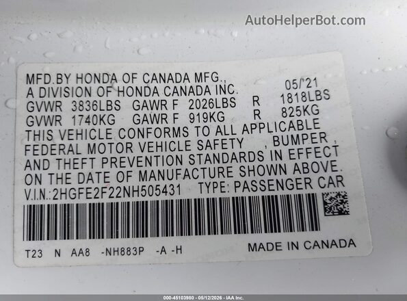 2HGFE2F22NH505431 2022 HONDA CIVIC White ძრავის განყოფილების ხედი