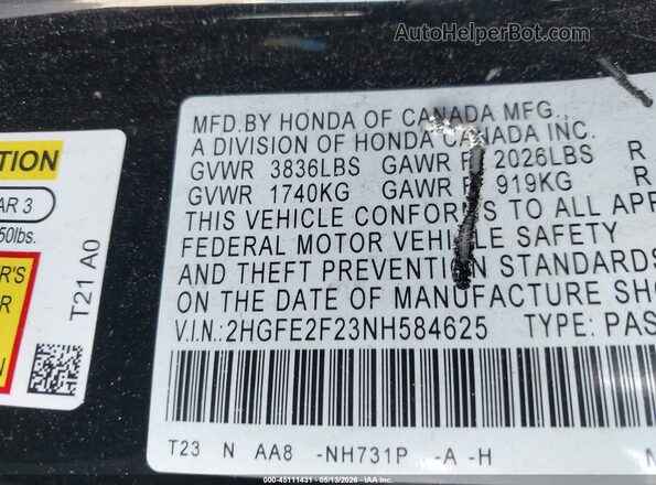 2HGFE2F23NH584625 2022 HONDA CIVIC Black Вид підкапотного простору