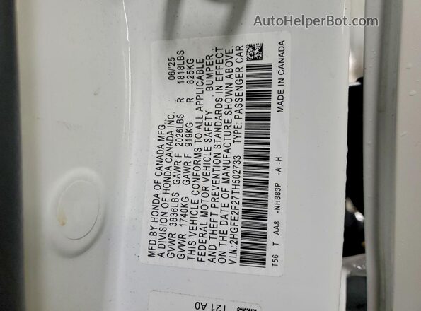 2HGFE2F27TH502733 2026 HONDA CIVIC White Vista del compartimento del motor