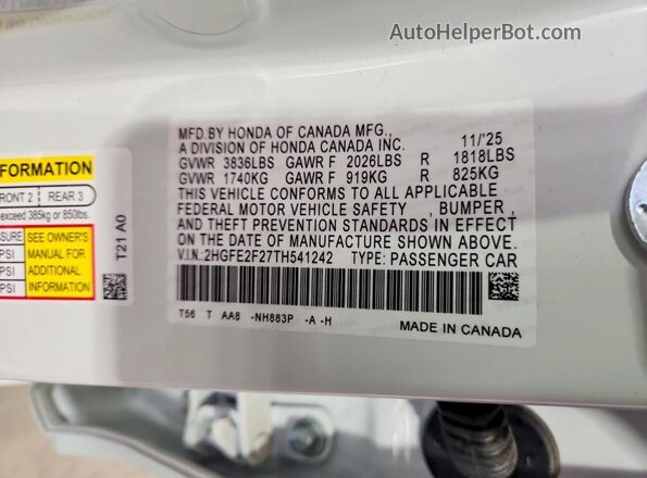 2HGFE2F27TH541242 2026 HONDA CIVIC White VIN sticker view