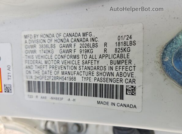 2HGFE2F28RH541968 2024 HONDA CIVIC White Widok naklejki z numerem VIN