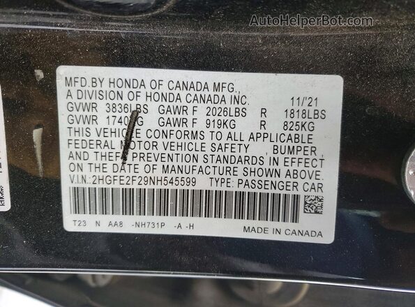 2HGFE2F29NH545599 2022 HONDA CIVIC Black Widok naklejki z numerem VIN